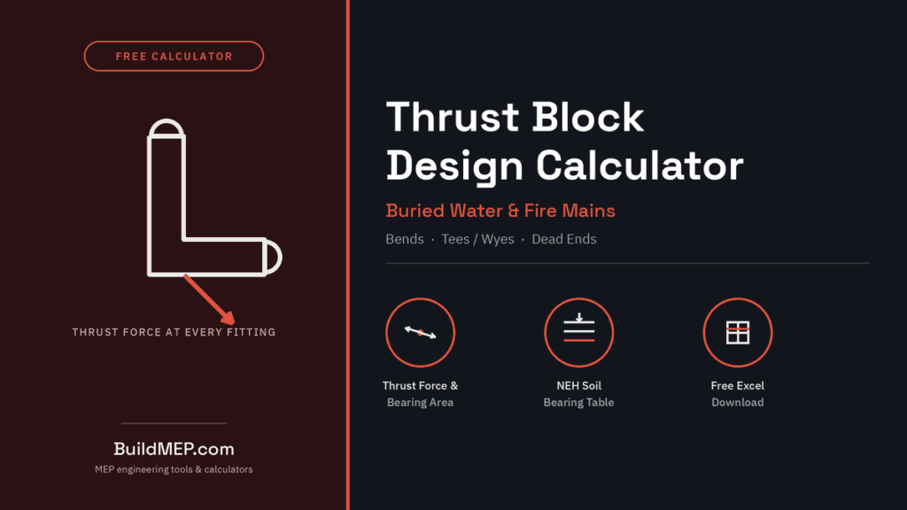 Thrust block design calculator cover image showing a pipe elbow with thrust force arrow, for bends, tees/wyes, and dead ends on buried water and fire mains