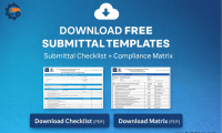 Download free submittal templates graphic featuring a submittal checklist and compliance matrix PDF download buttons for BuildMEP resources.